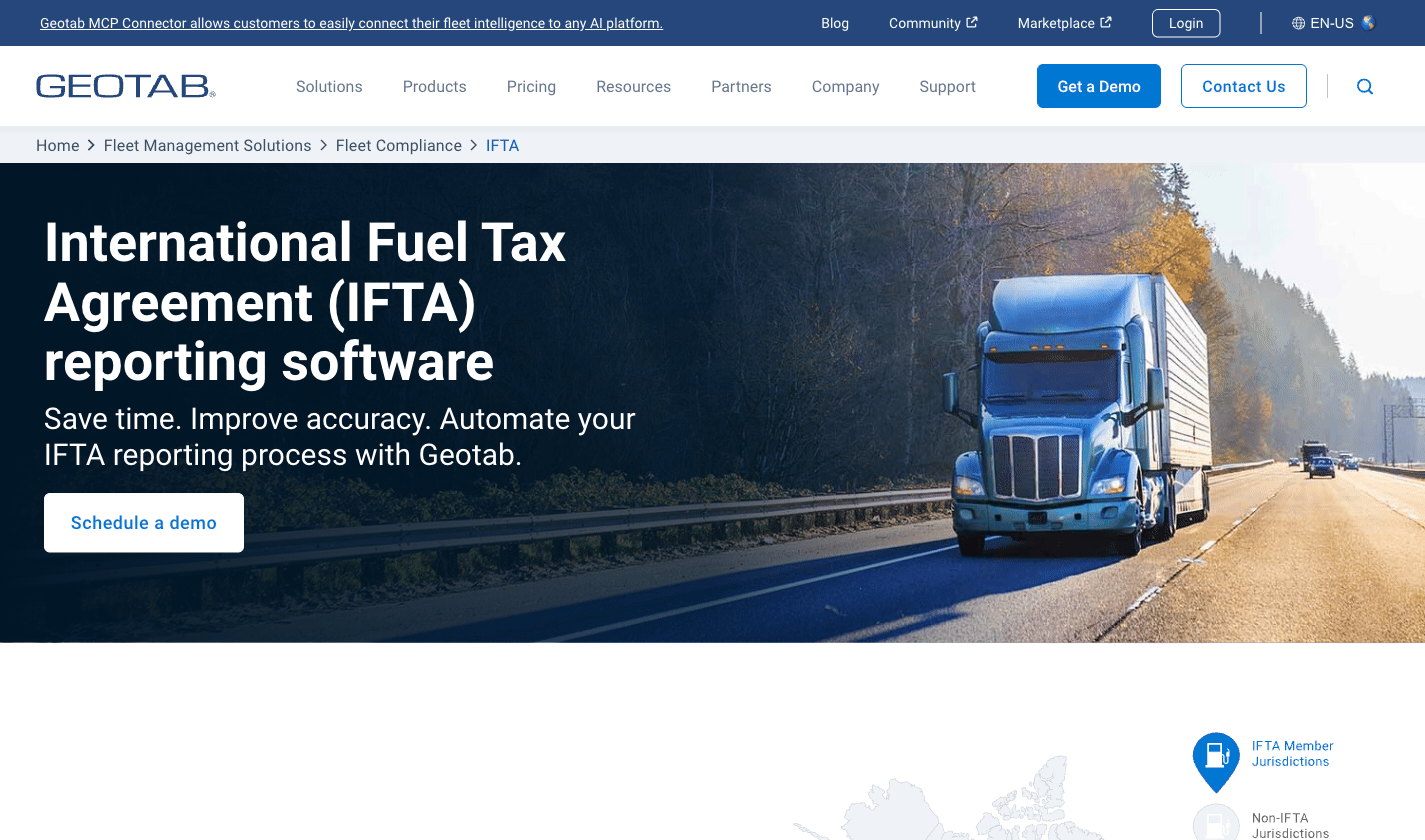 Geotab IFTA reporting software page for automated fleet fuel tax reporting