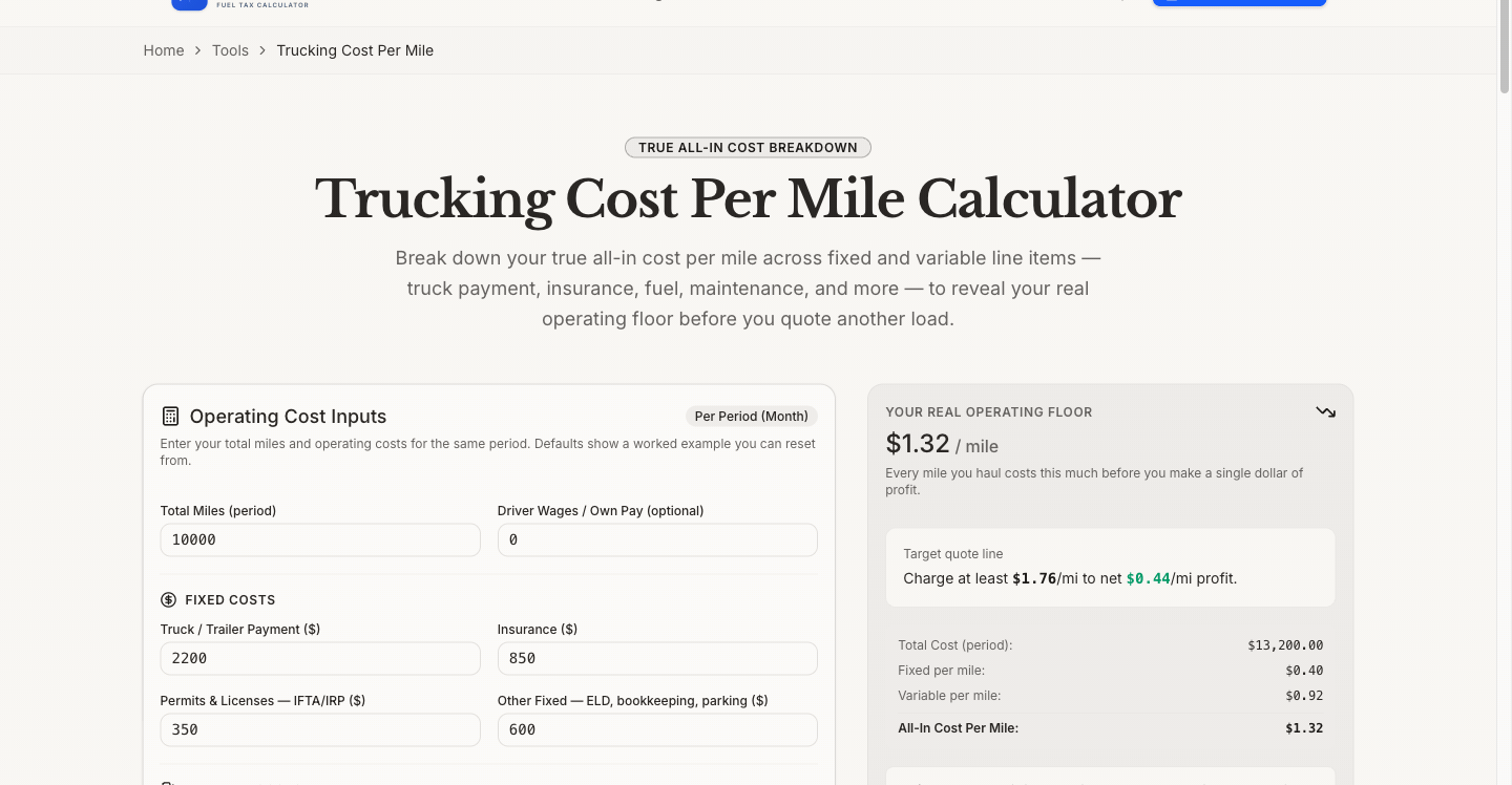 IFTADesk trucking cost per mile calculator