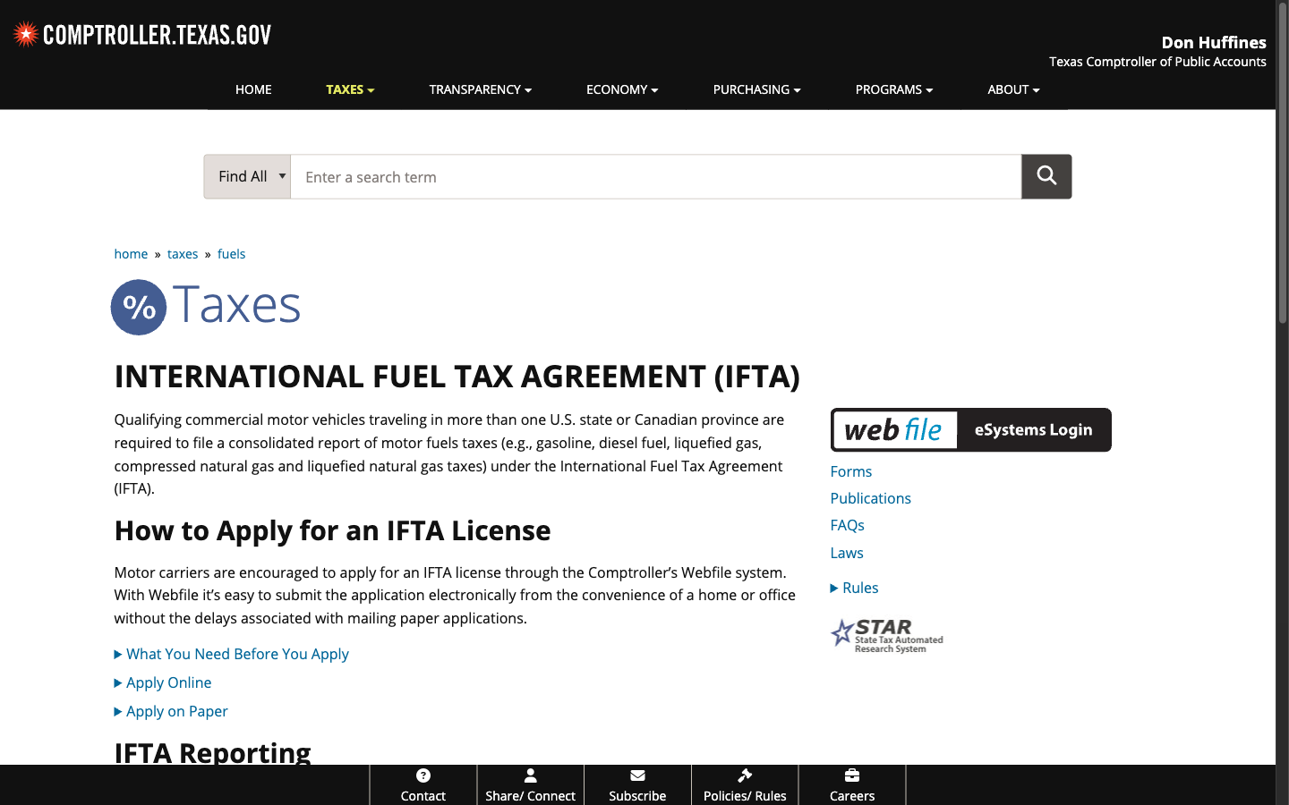 Texas Comptroller IFTA motor fuel tax portal