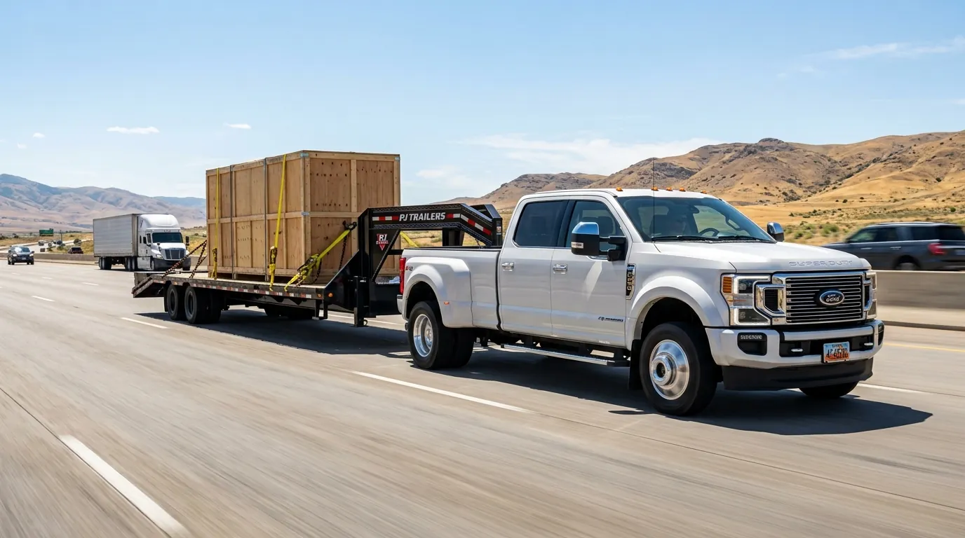 Class 5 heavy pickup truck hauling 40ft gooseneck trailer with industrial machinery