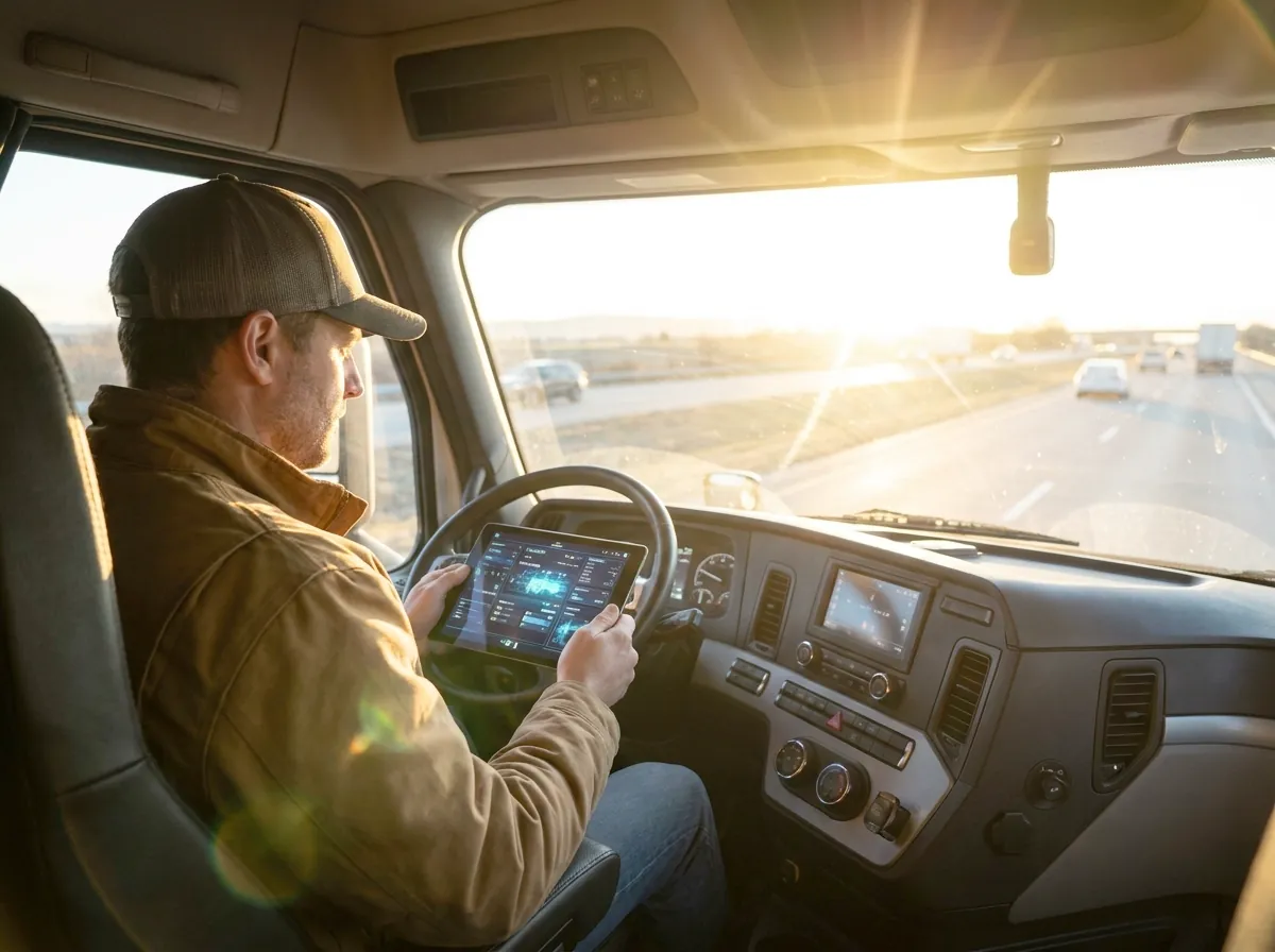 Executive logistics desk with tablet cost breakdown chart and truck keys