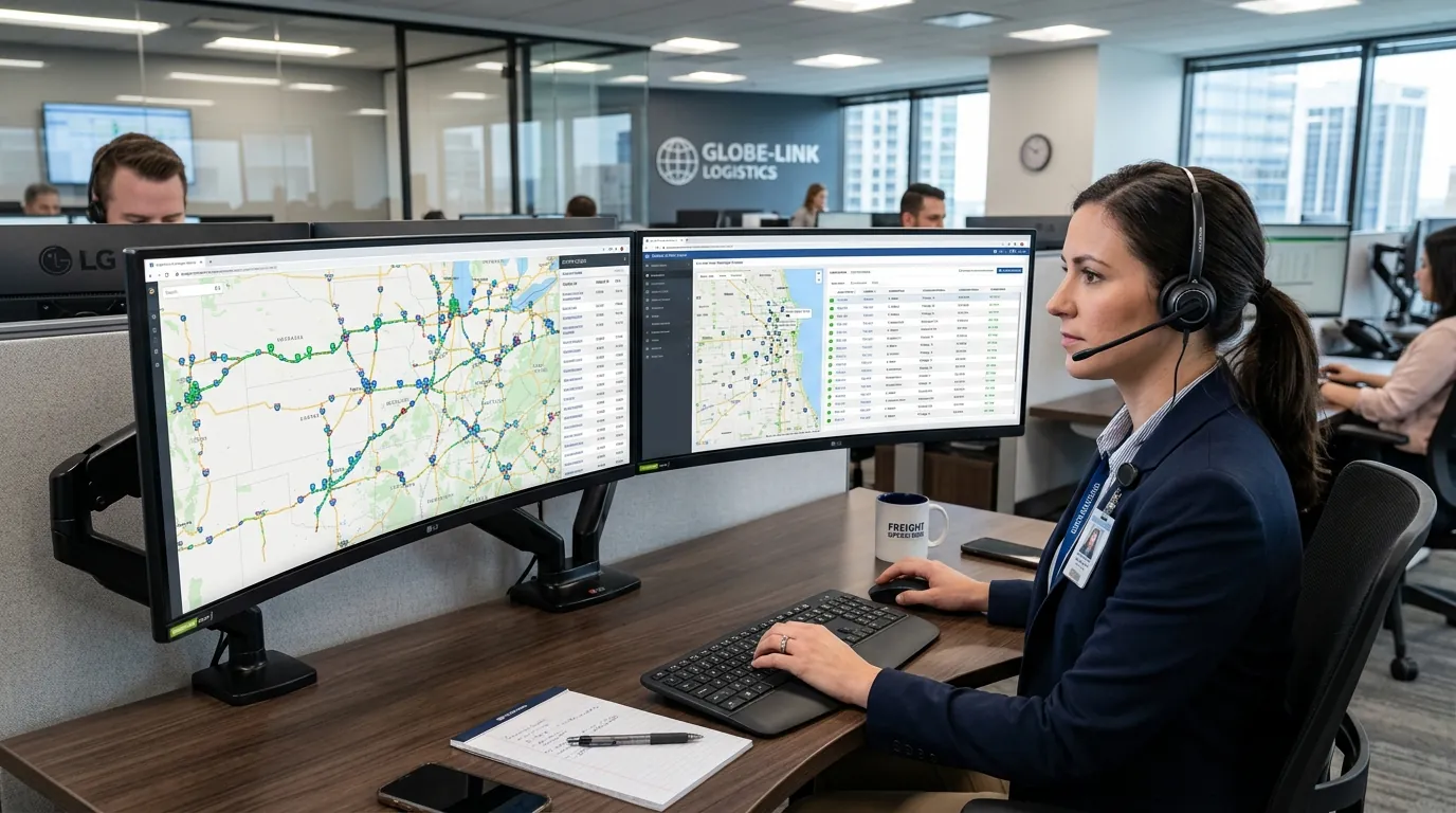 Modern freight dispatch command center workstation with curved multi-monitor route displays