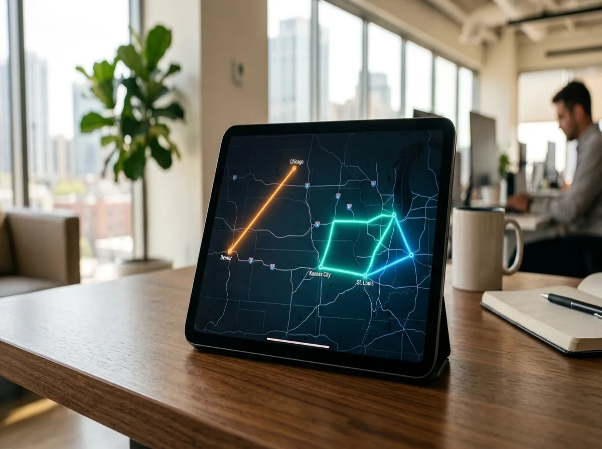 Digital tablet illustrating triangular freight route loop optimization vs linear deadhead